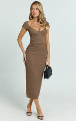 Elia Midi Dress - Cap Sleeve Sweetheart Underwire Fitted Dress in Brown