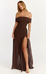 Florence Maxi Dress - Off Shoulder Sheer Skirt Dress in Chocolate