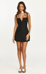 Odette Mini Dress - Plunge V Neck A Line Dress in Black