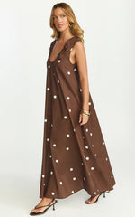 Simone Maxi Dress - U Halter Neck Linen Polkadot Dress in Chocolate
