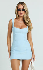 Aretha Mini Dress - Corset Panel Dress in Blue