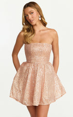 Hana Mini Dress - Strapless Fit And Flare Sequin Dress in Rose Gold