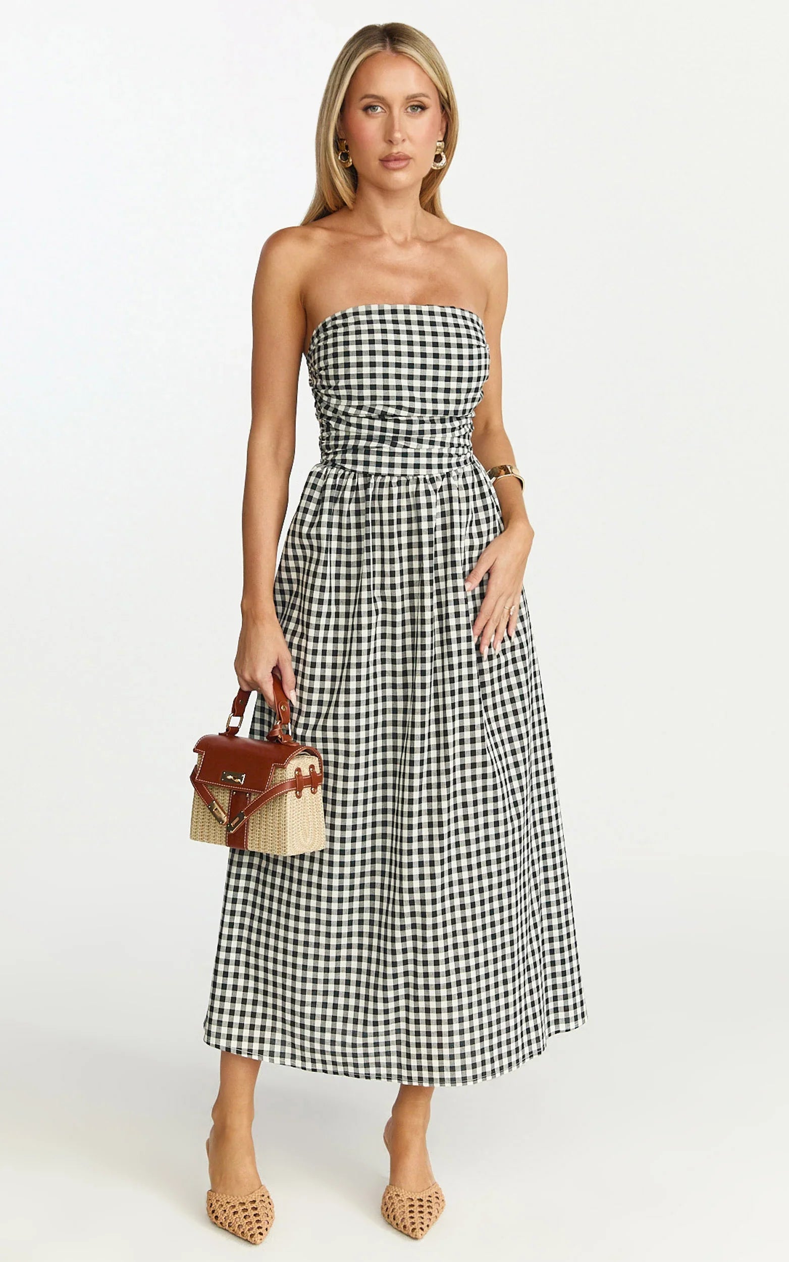 Polly Midi Dress - Strapless Ruched Dress in Black Check