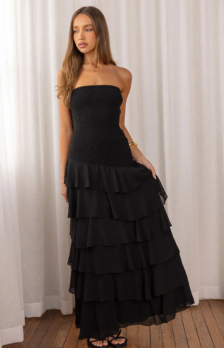 Riles Black Strapless Ruffle Maxi Dress