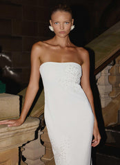 Sassafras Beaded Flower Strapless Maxi Dress - White