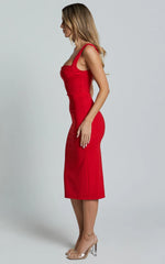 Tiffy Midi Dress - Square Neck Ruched Bodycon Dress in Scarlet