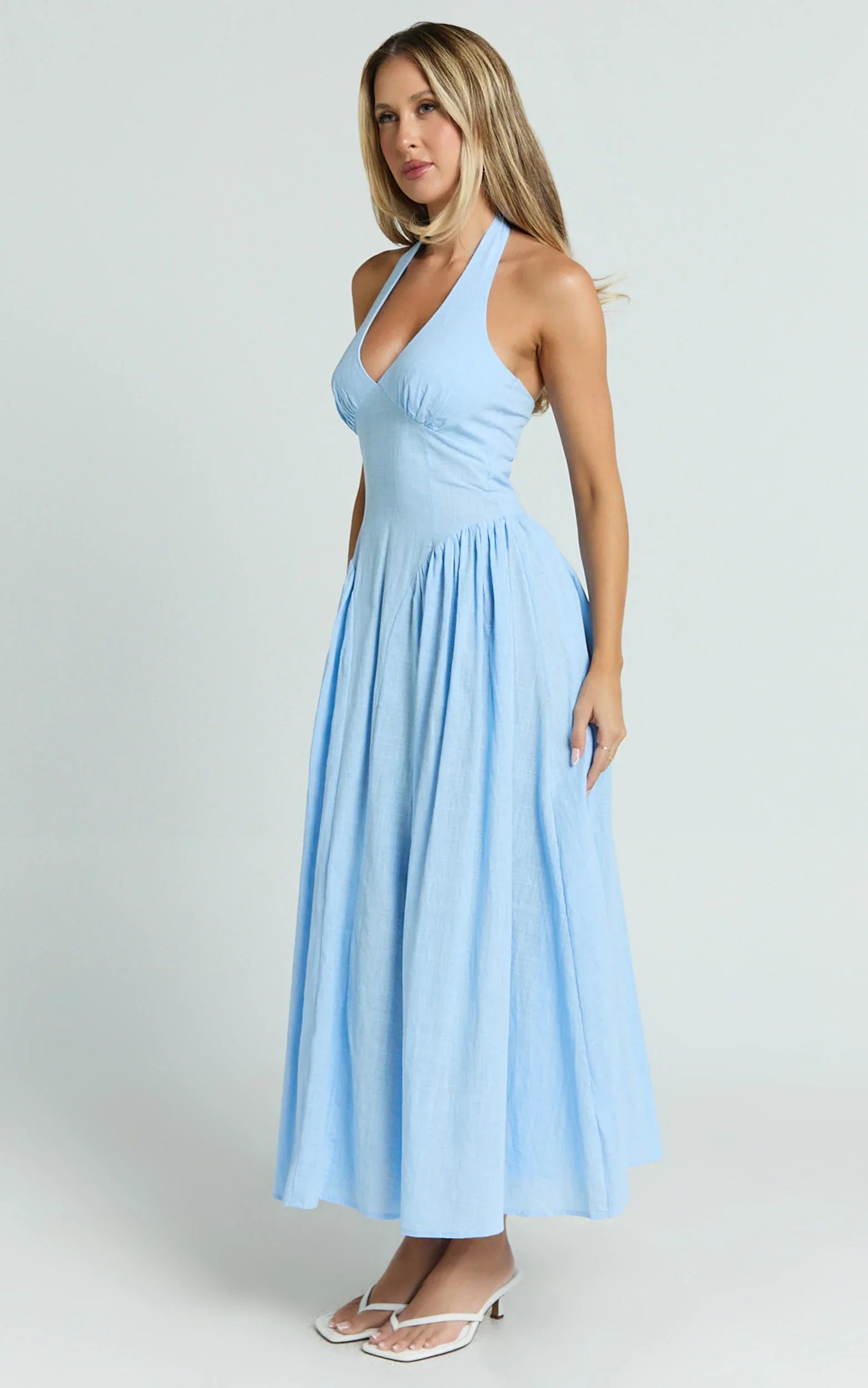 Athena Midi Dress - Halter Drop Waist Dress in Blue