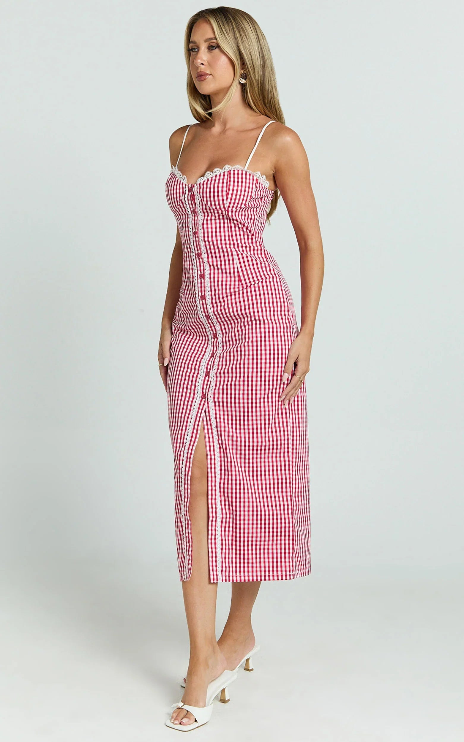 Anessa Midi Dress - Button Front Bustier Fitted Dress in Red Gingham