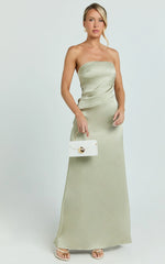 Laurie Maxi Dress - Strapless Draped Satin Dress in Light Olive