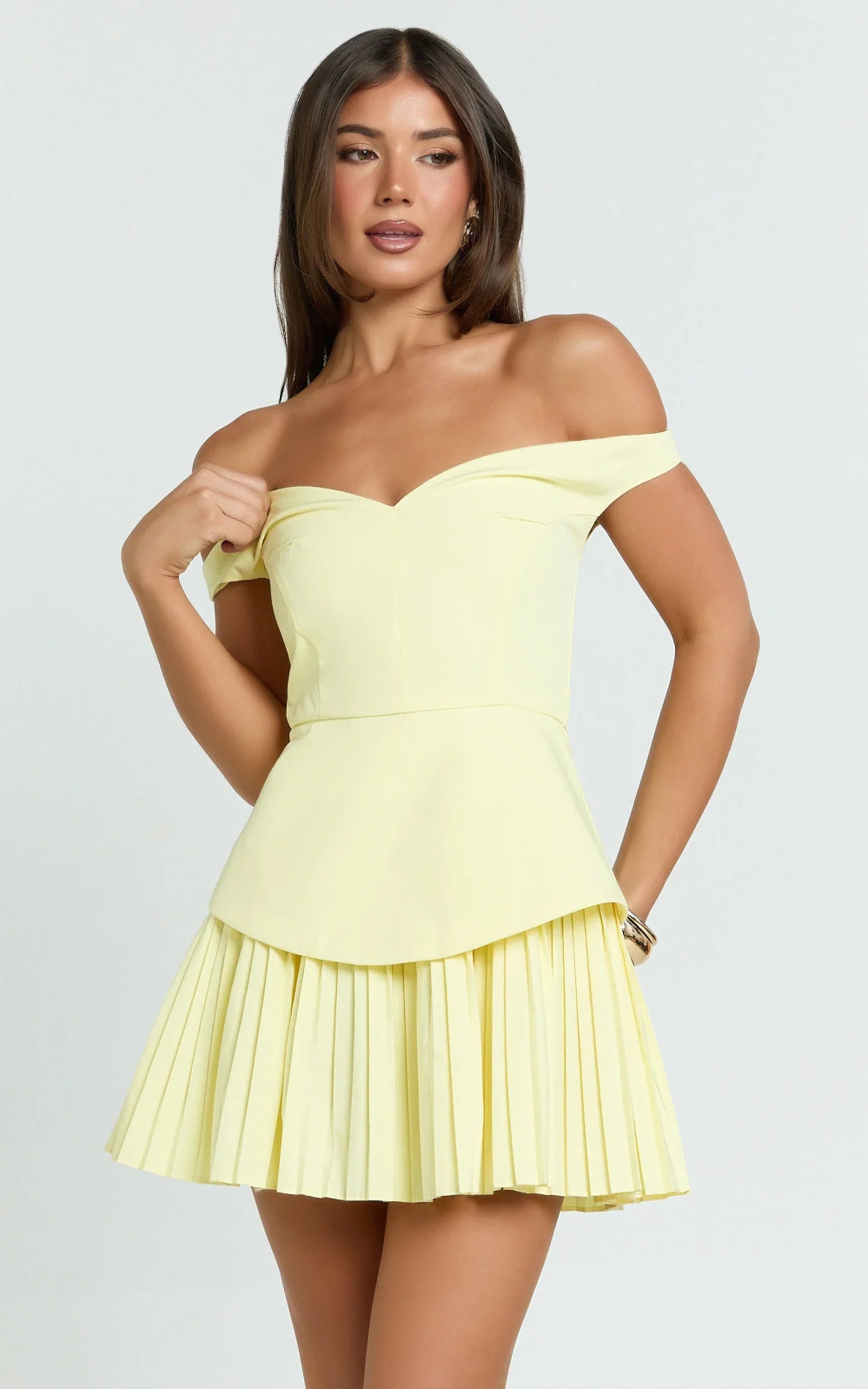 Izara Mini Dress - Off Shoulder Pleated Dress in Lemon