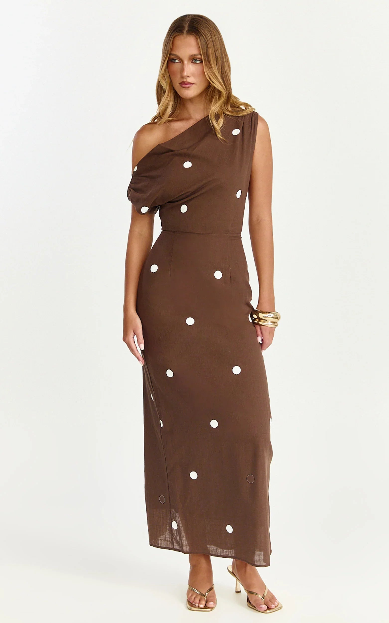 Cia Maxi Dress - Tipped Shoulder Linen Polkadot Dress in Chocolate