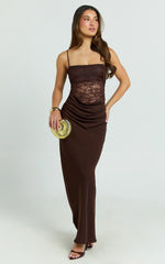 Rania Maxi Dress - Contrast Lace Bodice Bias Cowl Drop Waist Dress in Chocolate
