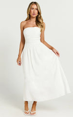 Polly Midi Dress - Strapless Ruched Dress in White