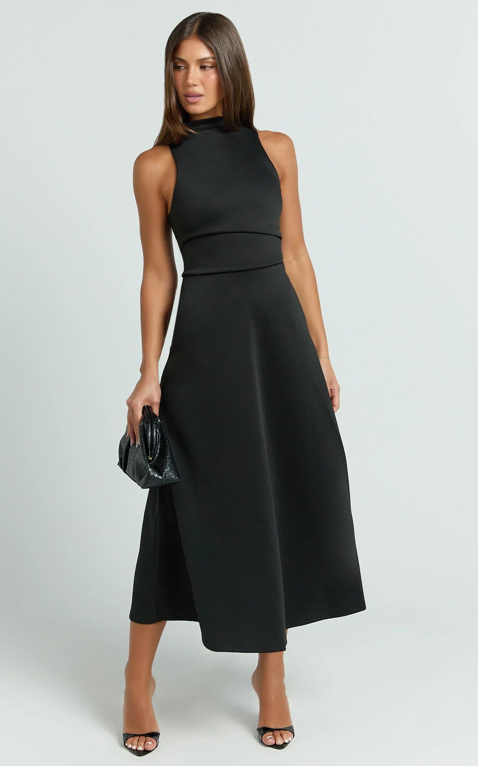 Macy Midi Dress - High Neck A Line Dress in Black