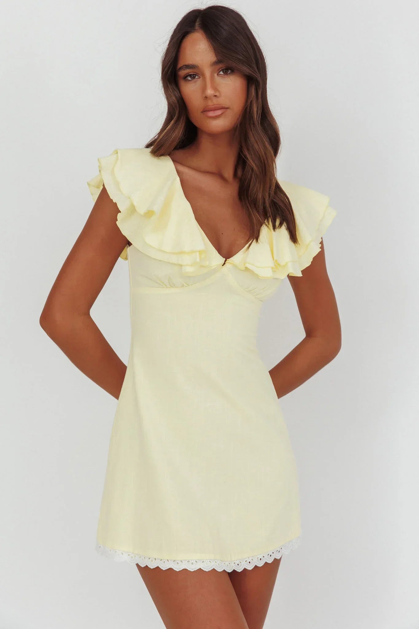 Unpredictable Layered Ruffle Neckline Mini Dress Butter