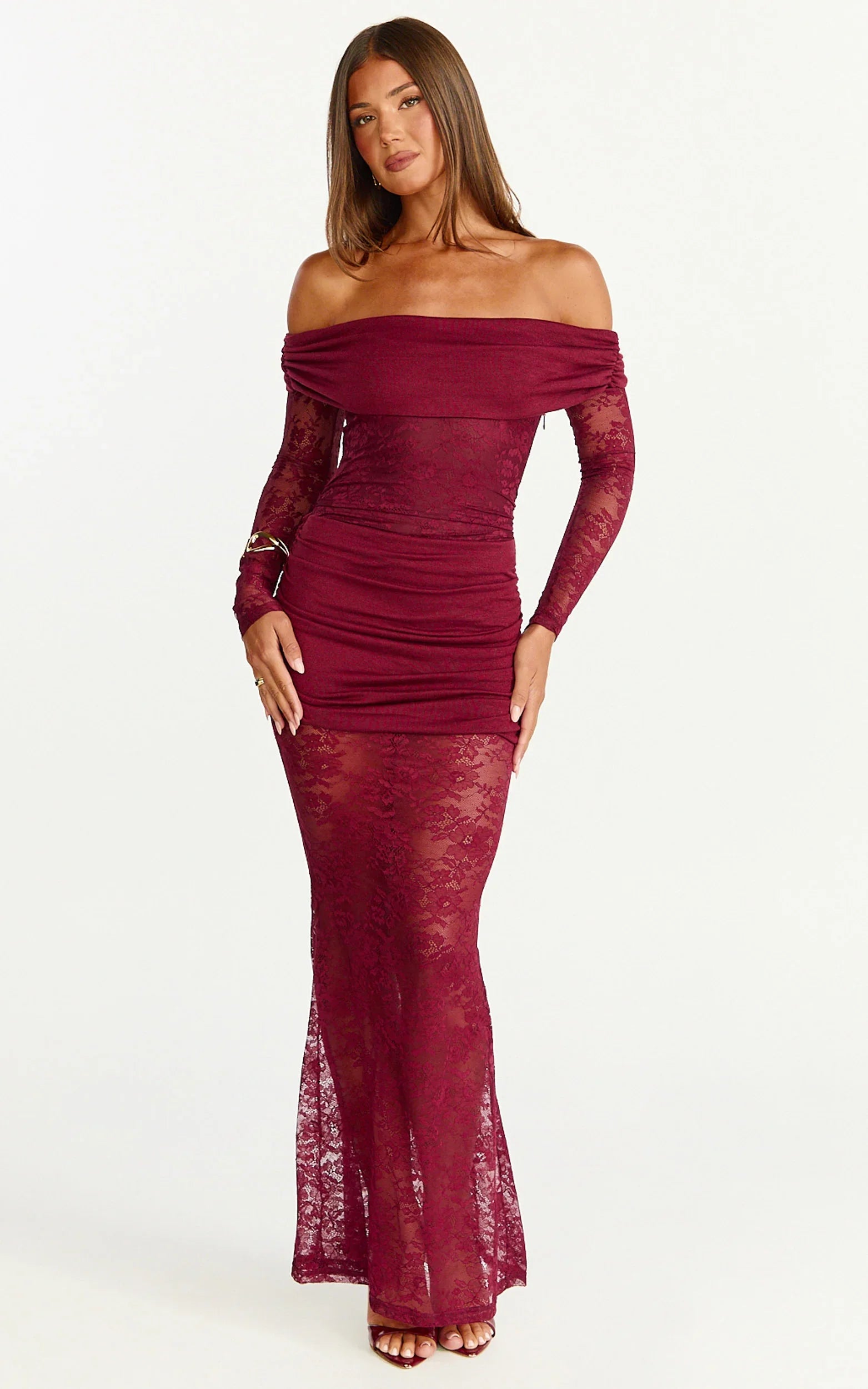 Juliet Maxi Dress - Off Shoulder Long Sleeve Ruched Overlay Lace Dress in Wine