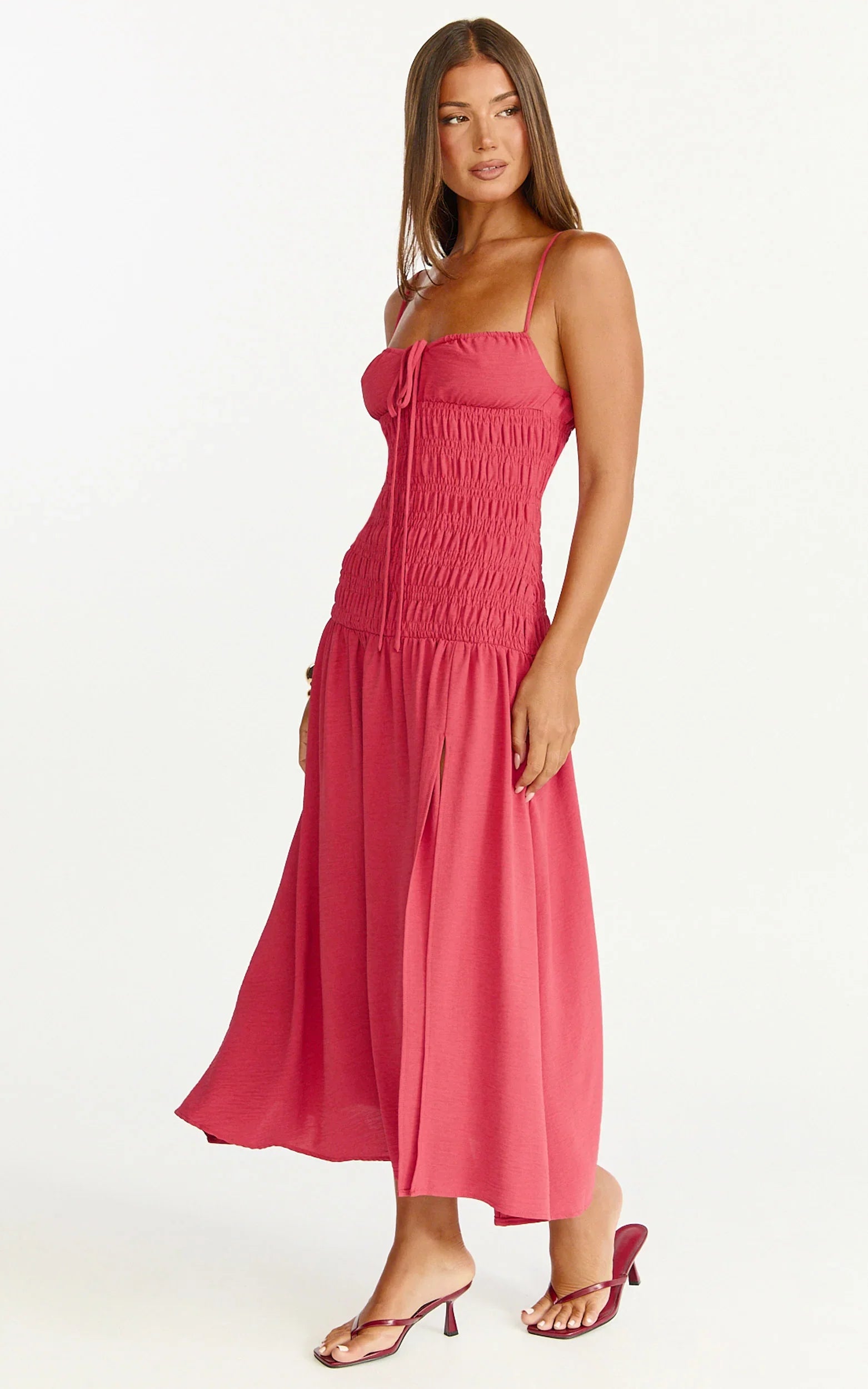 Eloise Midi Dress - Shirred Bodice Split Leg A Line Dress in Rose