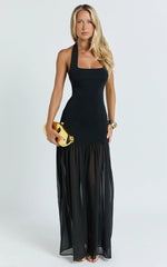 Barbara Maxi Dress - Halter Scoop Neck Contrast Georgette Dress in Black