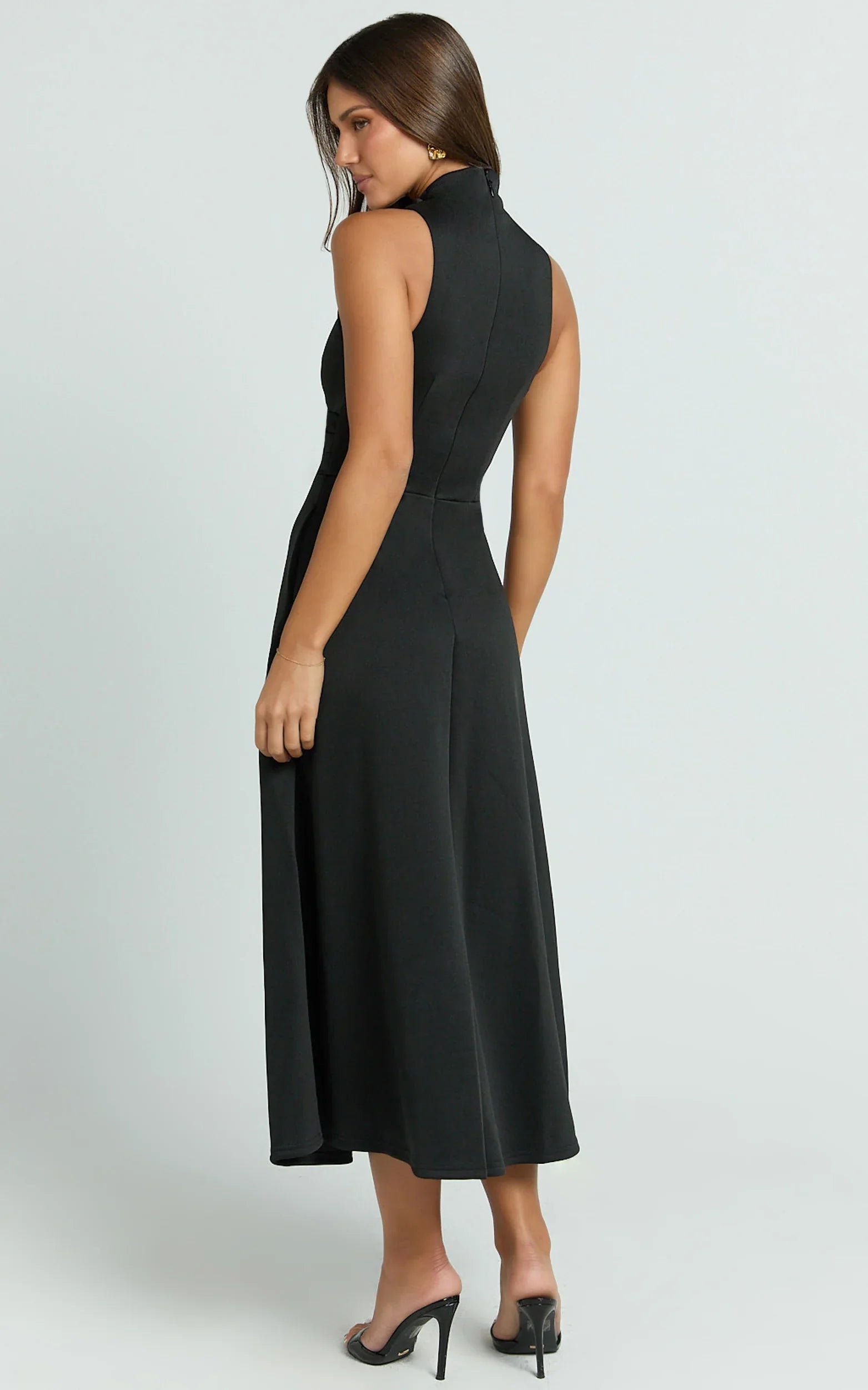 Macy Midi Dress - High Neck A Line Dress in Black