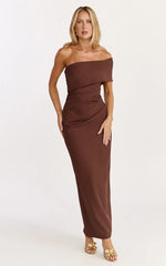 Pearce Maxi Dress - Gathered One Sleeve Bodycon Dress in Brown