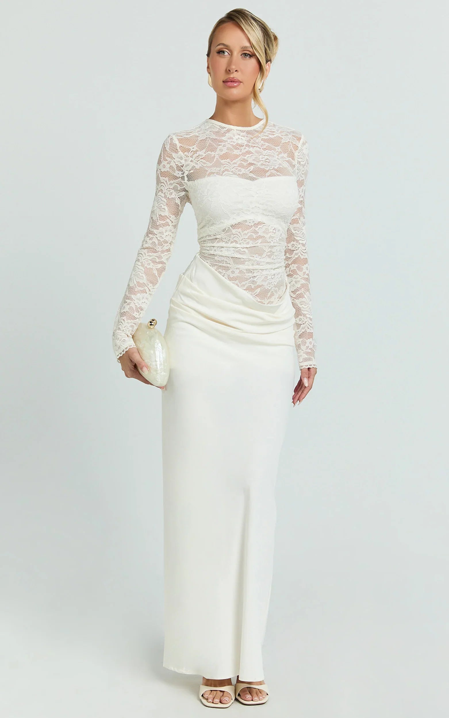Crisanta Maxi Dress - Long Sleeve Contrast Lace Bodycon Dress in Ivory