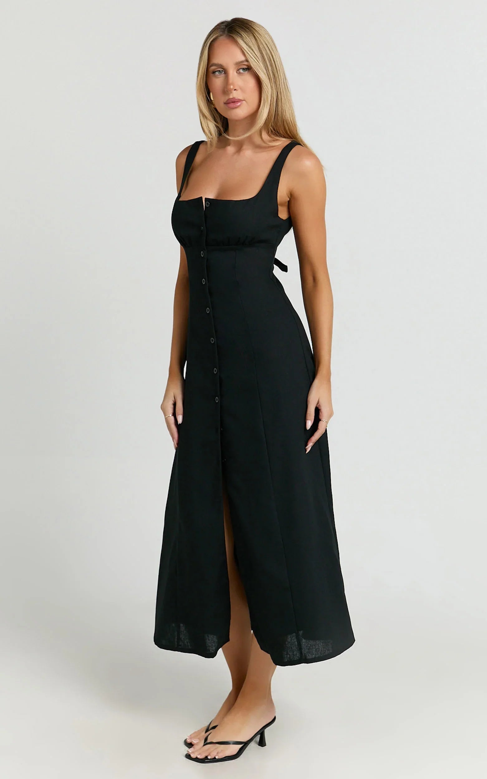 Cameron Midi Dress - Button Front Tie Back Dress in Black