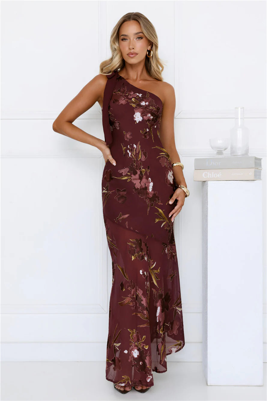 Opulent Bloom One Shoulder Maxi Dress Burgundy