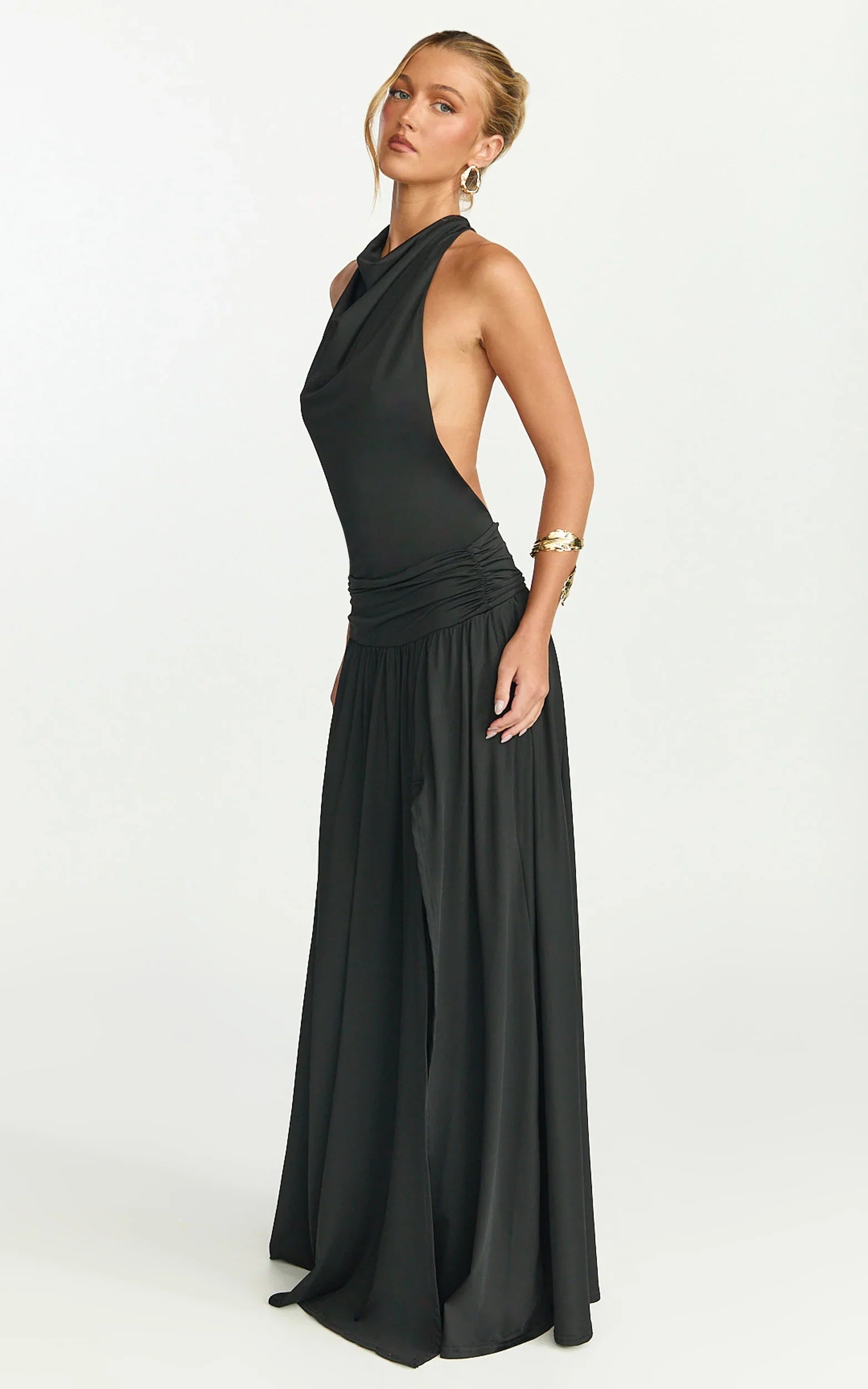 Sophia Maxi Dress - Backless High Cowl Neck Jersey Dress in Black