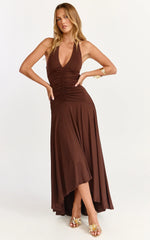 Celeste Maxi Dress - Gathered Bodice Dropped Waist Halter Dress in Chocolate