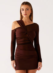 Ophelie Asymmetric Long Sleeve Mini Dress - Chocolate