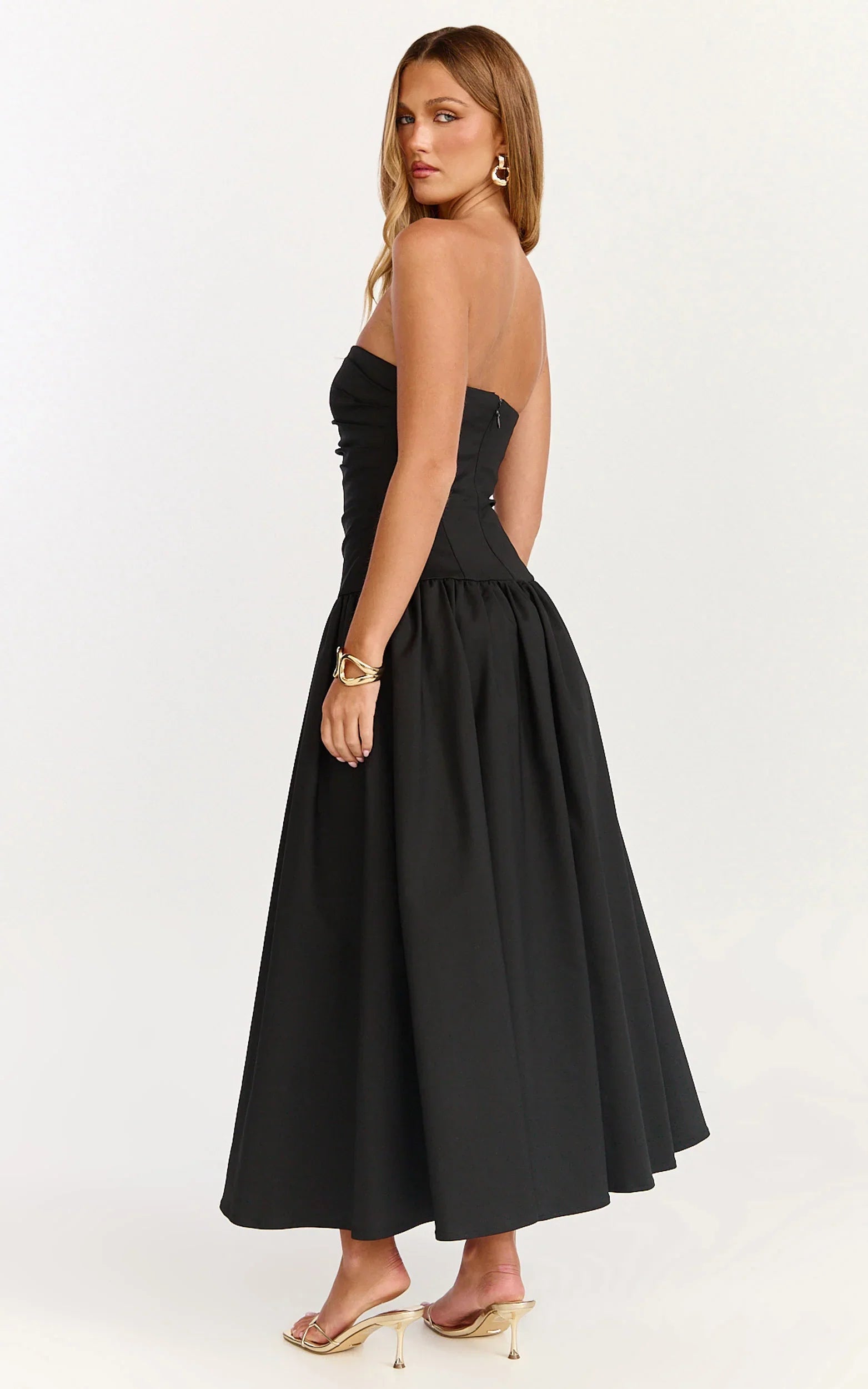Louisa Maxi Dress - Strapless Side Ruched Dropped Waist Fit And Flare Dress in Black