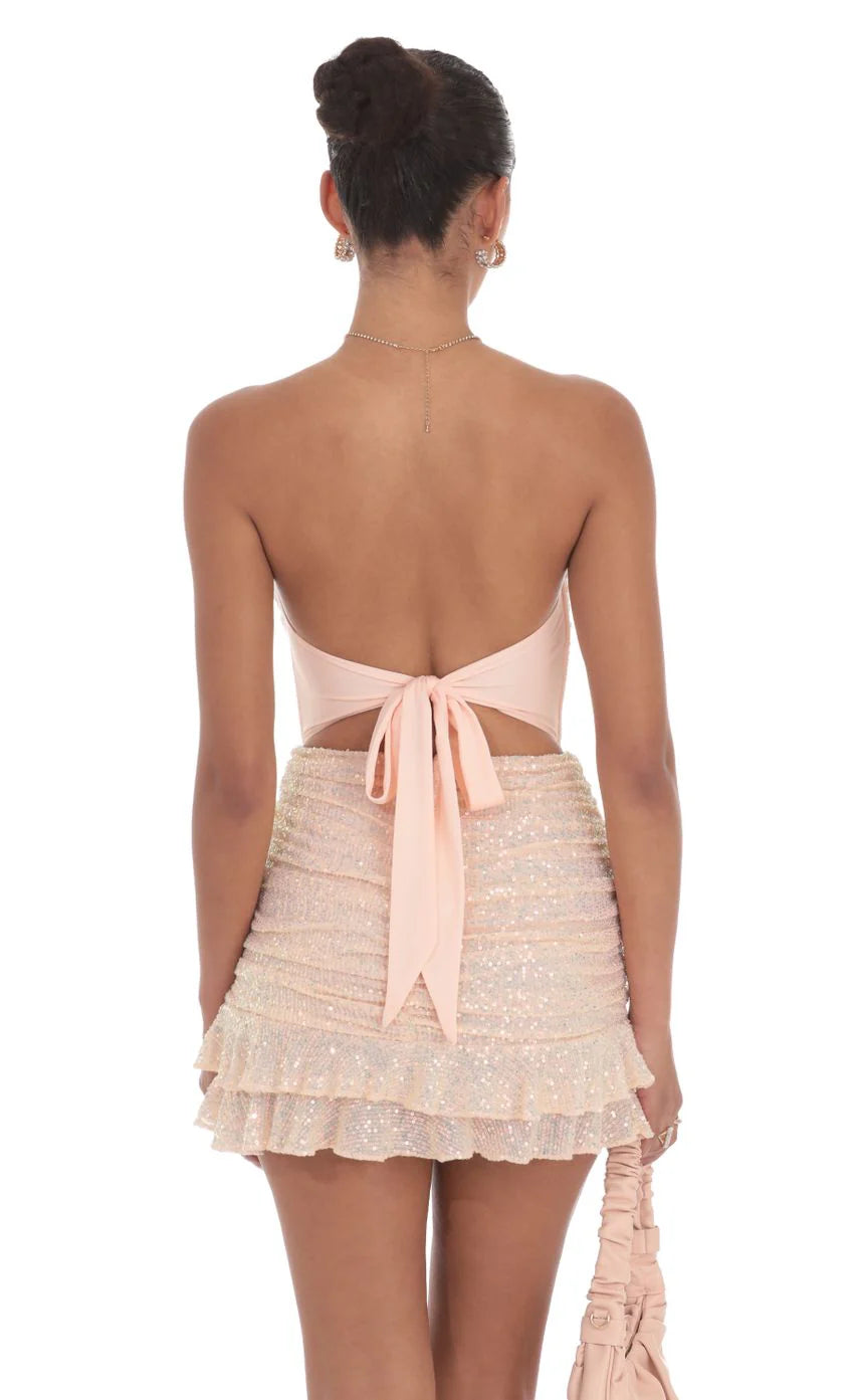 Sequin Ruched Bodycon Dress in Peachy Pink