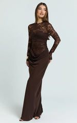Crisanta Maxi Dress - Long Sleeve Contrast Lace Bodycon Dress in Chocolate